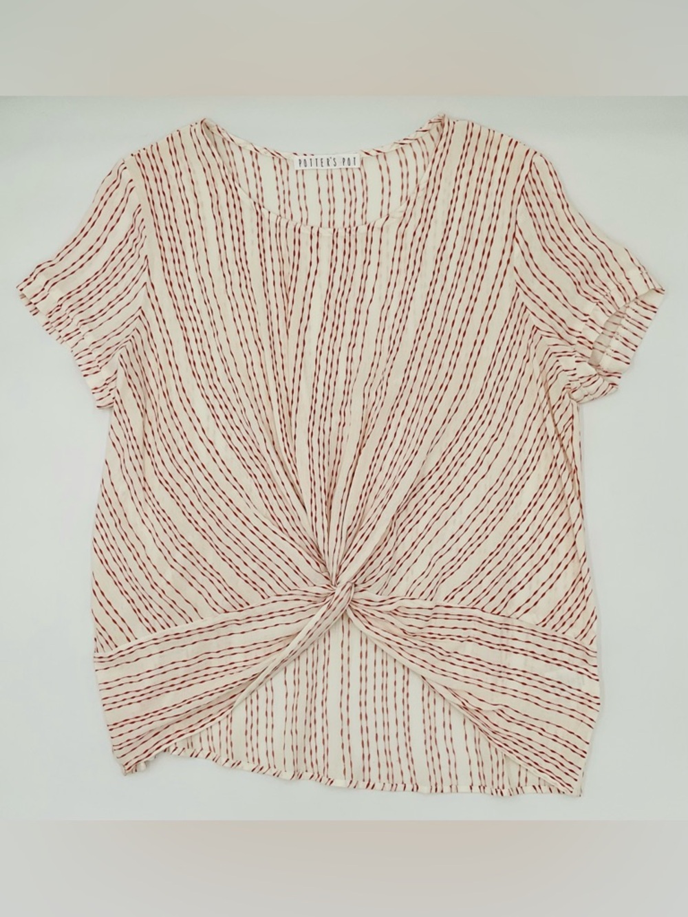 Potter’s Pot Twist-Front Short Sleeve Top, Cream and Dark Orange Print, Size M